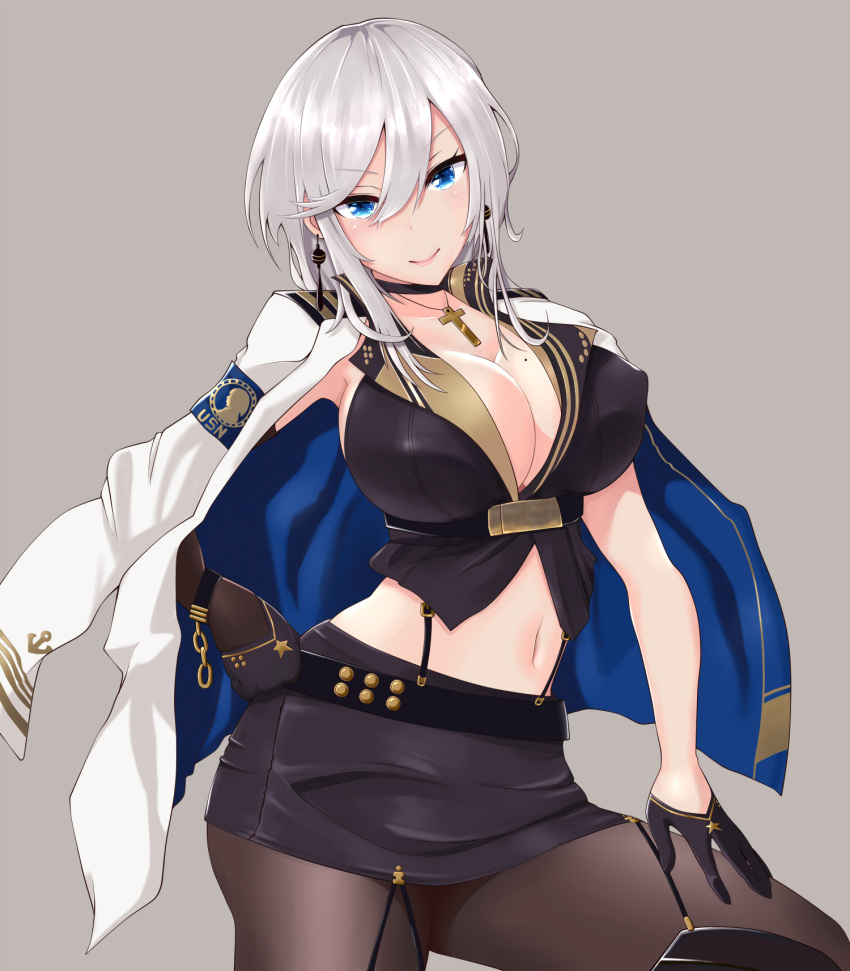 1girl azur_lane bangs belt black_choker black_gloves blue_eyes breasts choker cleavage closed_mouth commentary_request contrapposto cowboy_shot cross cross_necklace earrings eyebrows_visible_through_hair gloves hair_between_eyes half_gloves highres jacket_over_shoulder jewelry large_breasts latin_cross looking_at_viewer midriff mole mole_under_eye navel necklace pantyhose revision short_hair silver_hair simple_background smile solo washington_(azur_lane) zubi_(skylinezb)