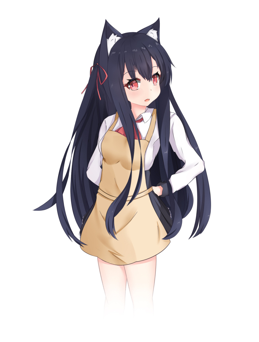 1girl animal_ear_fluff animal_ears apron bangs black_hair black_skirt brown_apron cat_ears chisuzu_mei collared_shirt eyebrows_visible_through_hair fang hair_between_eyes hair_ribbon hand_on_hip highres long_hair long_sleeves looking_at_viewer nagato-chan one_side_up open_mouth paryi_project pleated_skirt red_eyes red_neckwear red_ribbon ribbon shirt simple_background skirt solo very_long_hair virtual_youtuber white_background white_shirt