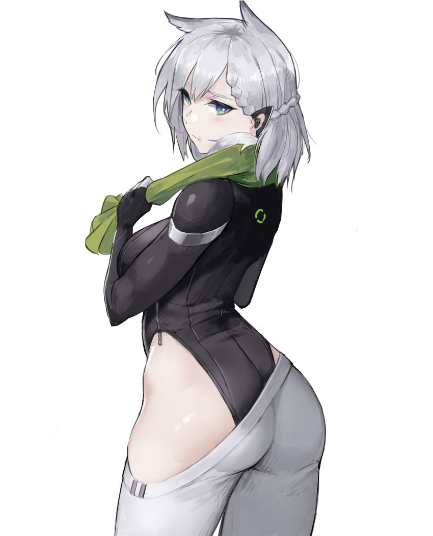 1girl animal_ears ass asymmetrical_clothes asymmetrical_pants bangs blue_eyes braid breasts commentary_request earpiece from_behind girls_frontline gloves green_towel grey_hair highres ksvk_(girls_frontline) large_breasts leotard long_hair looking_at_viewer looking_back mechanical_arm pandea_work pants pout ribbed_leotard simple_background solo towel towel_around_neck white_background white_pants