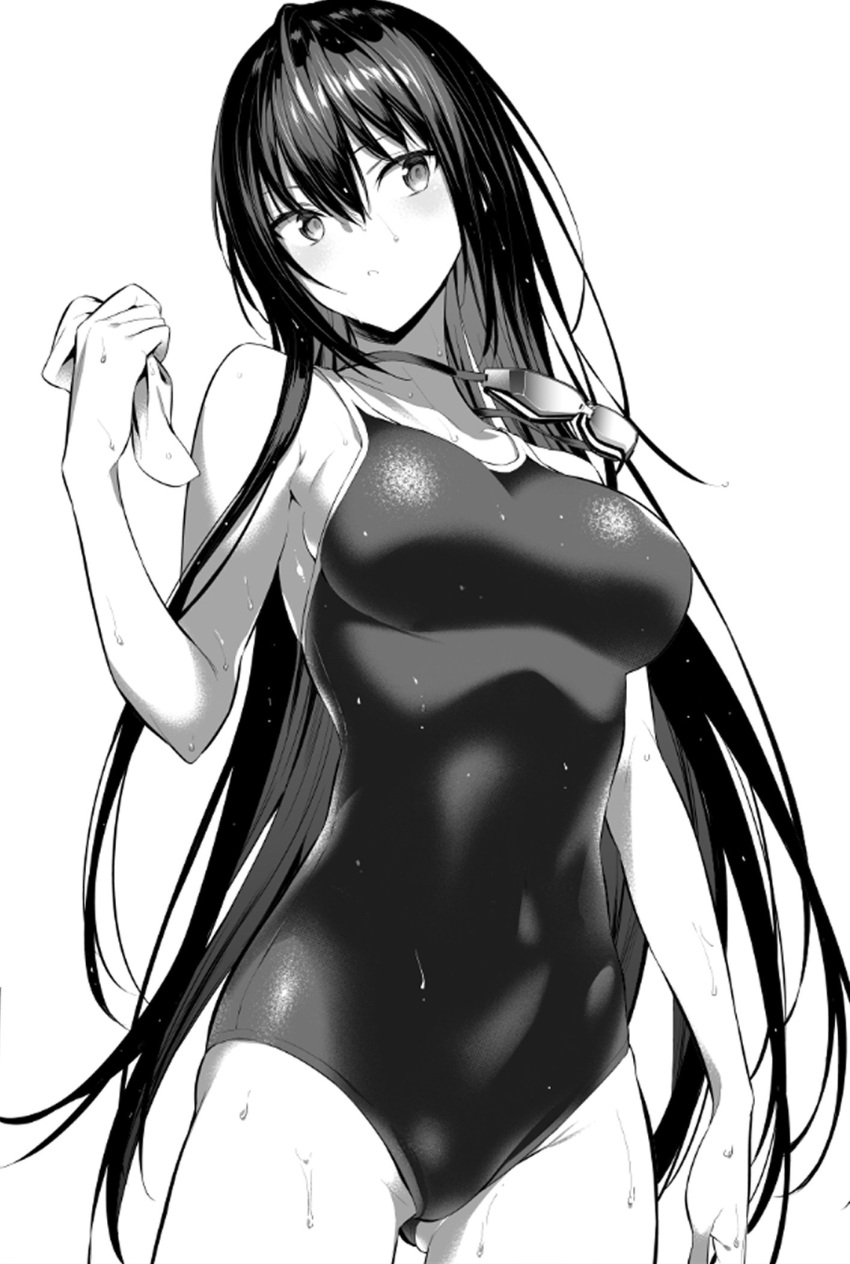 1girl breasts commentary_request competition_school_swimsuit covered_navel cowboy_shot gluteal_fold goggles goggles_around_neck greyscale hair_between_eyes haitekudasai_takamine-san highres hiiragi_yuuichi long_hair medium_breasts monochrome one-piece_swimsuit parted_lips sidelocks simple_background solo swim_cap swimsuit takamine_takane very_long_hair wet white_background