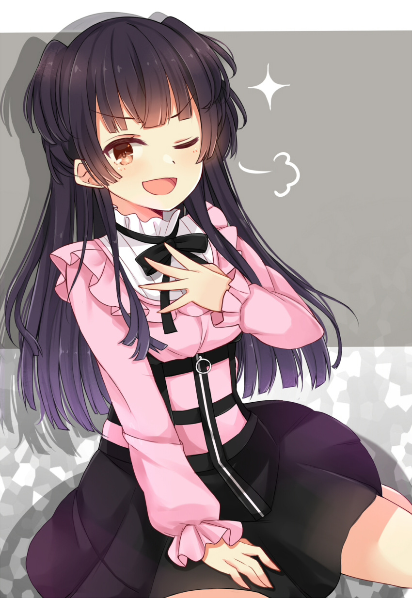 1girl ;d amidada bangs black_hair black_skirt blush breasts brown_eyes commentary_request eyebrows_visible_through_hair grey_background hand_up highres idolmaster idolmaster_shiny_colors long_hair long_sleeves mayuzumi_fuyuko one_eye_closed open_mouth pink_shirt puffy_long_sleeves puffy_sleeves shirt sitting skirt sleeves_past_wrists small_breasts smile smug solo sparkle two-tone_background two_side_up v-shaped_eyebrows very_long_hair white_background