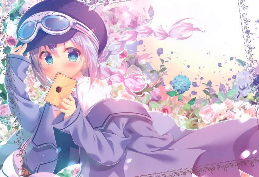 1girl absurdres alternate_costume alternate_hairstyle blue_coat blue_eyes blue_hair blue_headwear blush braid closed_mouth collared_shirt eyebrows_visible_through_hair gochuumon_wa_usagi_desu_ka? goggles goggles_on_headwear hat highres holding_envelope huge_filesize kafuu_chino long_hair long_sleeves looking_at_viewer mitsumomo_mamu scan shirt sleeves_past_wrists smile solo twin_braids white_shirt