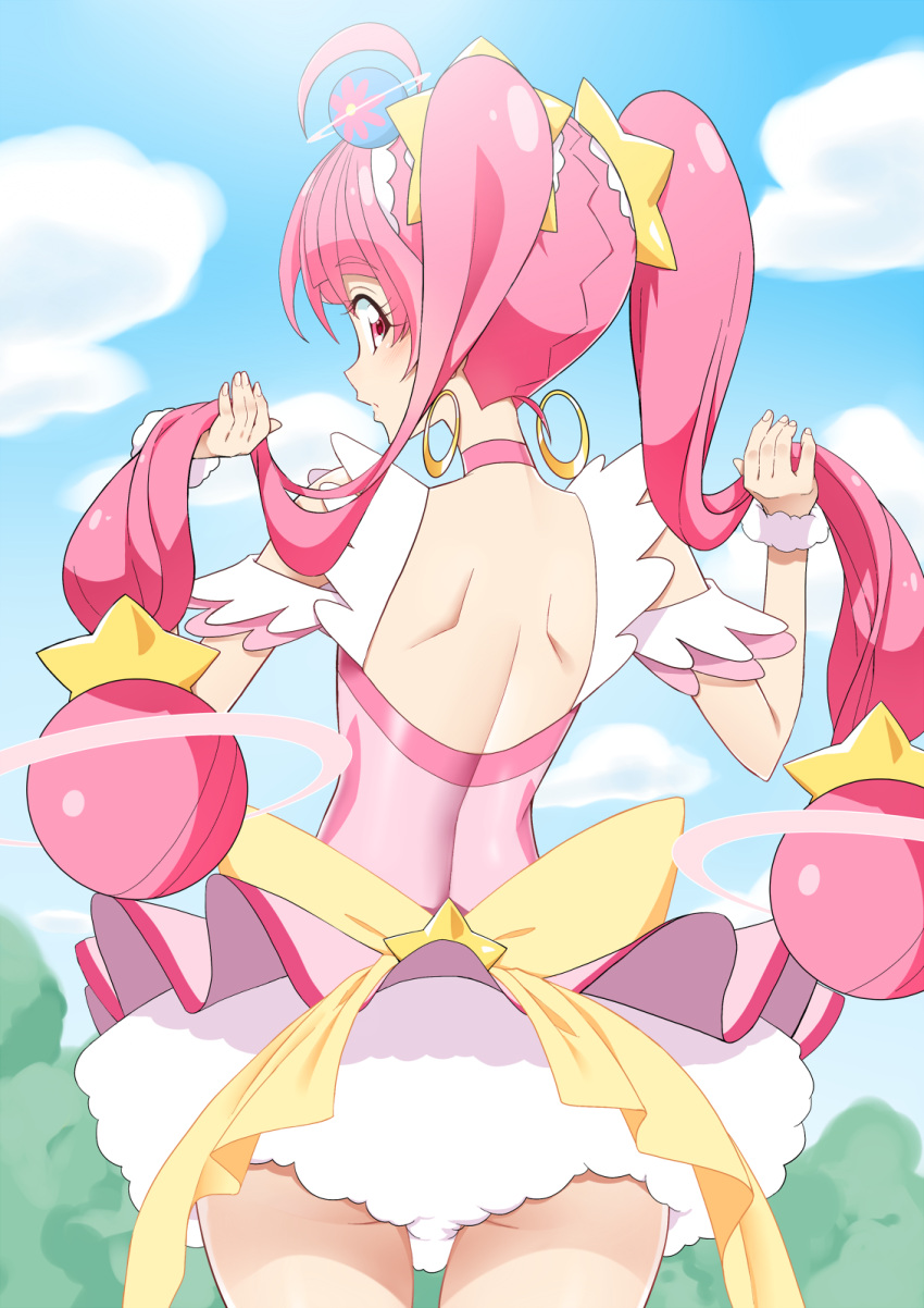 1girl ahoge backless_outfit blue_sky choker closed_mouth clouds cure_star day earrings eyebrows_visible_through_hair from_behind highres hoshina_hikaru jewelry long_hair looking_at_viewer looking_back magical_girl outdoors pink_choker pink_eyes pink_hair precure sky solo standing star_twinkle_precure twintails yuto_(dialique)