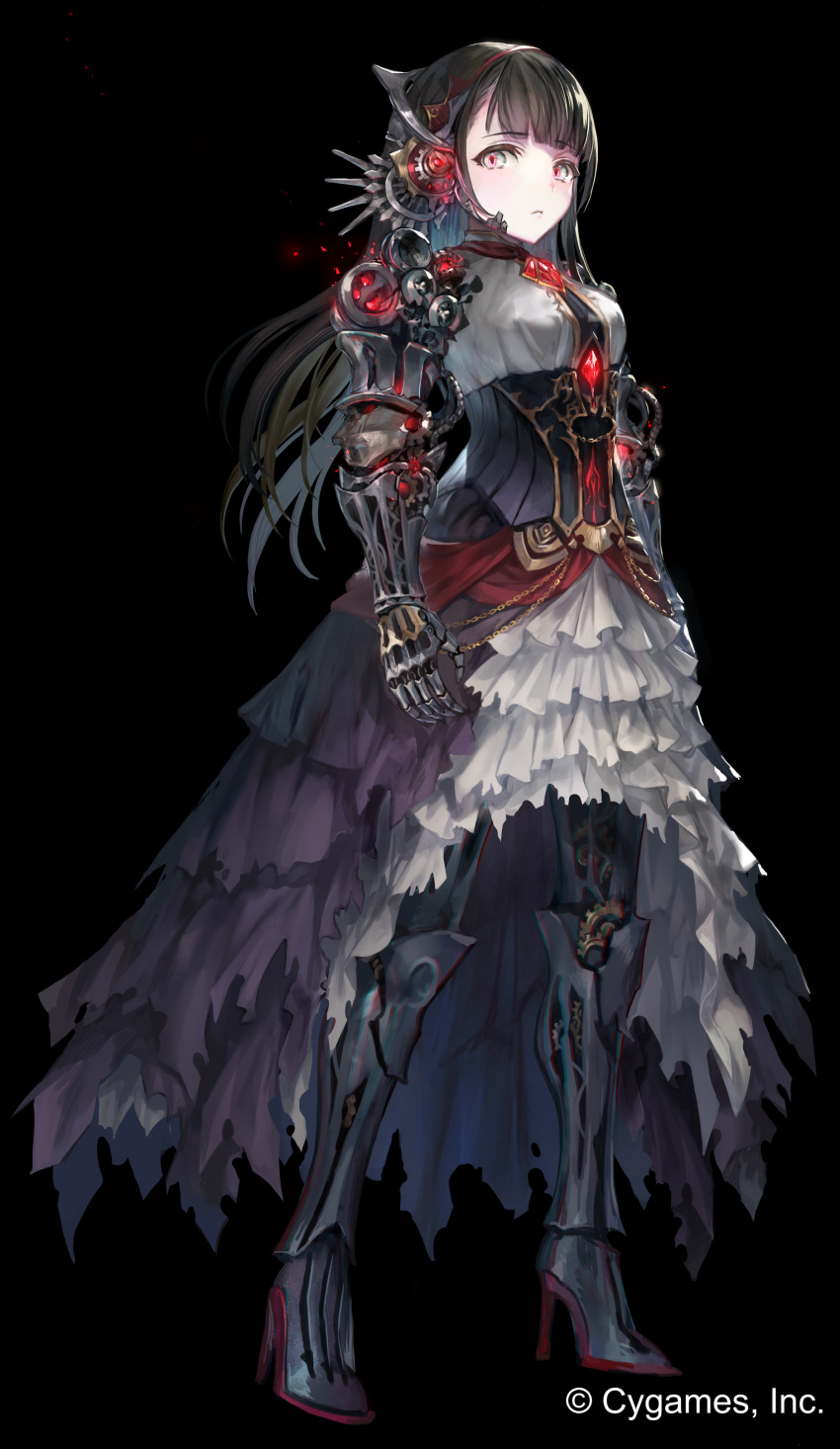 1girl absurdres android black_background black_hair chains closed_mouth cygames dress eyebrows_visible_through_hair frilled_dress frills full_body gears gem grey_eyes headgear high_heels highres irua long_hair looking_at_viewer mono_garnet_rebel multicolored multicolored_eyes official_art original red_eyes robot_joints shadowverse slit_pupils solo torn_clothes