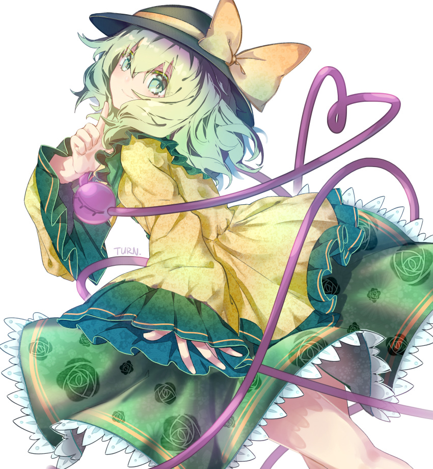 1girl absurdres bangs black_headwear bow commentary dutch_angle feet_out_of_frame finger_to_cheek floral_print frilled_skirt frilled_sleeves frills from_behind green_eyes green_hair green_skirt hat hat_bow heart heart_of_string highres index_finger_raised komeiji_koishi long_sleeves looking_at_viewer rose_print shirt short_hair signature simple_background skirt sleeves_past_wrists smile solo third_eye touhou turn_zhuan white_background wide_sleeves yellow_bow yellow_shirt
