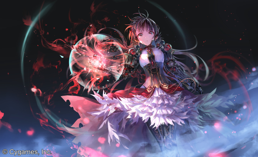 1girl android armor aura bangs black_hair boots breasts chains corset cygames dress expressionless eyebrows_visible_through_hair floating_hair frilled_dress frills gauntlets gears gem glowing glowing_hand grey_eyes irua layered_dress long_hair looking_at_viewer medium_breasts mono_garnet_rebel multicolored multicolored_eyes official_art red_eyes shadowverse sidelocks slit_pupils solo thigh-highs thigh_boots torn_clothes watermark wind wind_lift
