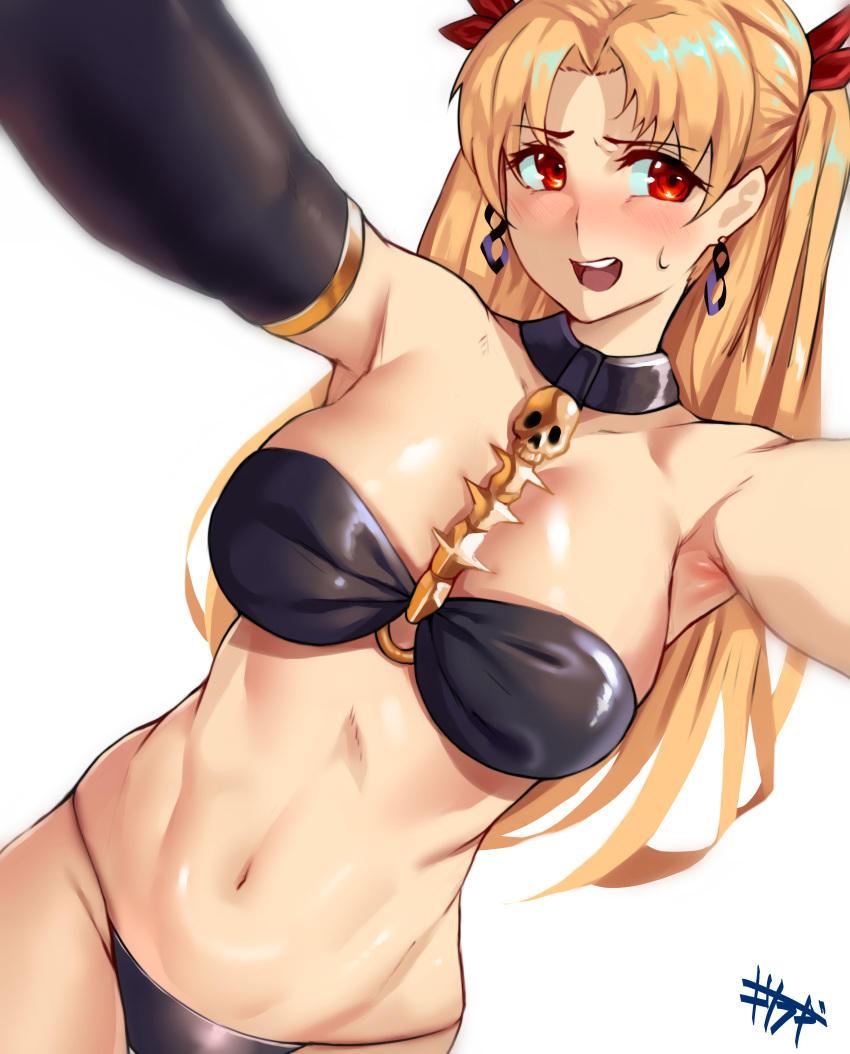 absurdres bangs between_breasts bikini black_bikini blonde_hair breasts commentary_request dutch_angle earrings elbow_gloves ereshkigal_(fate/grand_order) fate/grand_order fate_(series) gloves gold_trim highres hoop_earrings infinity jewelry kisaragi_(legobionicle23) long_hair navel parted_bangs red_eyes signature skull swimsuit two_side_up upper_body white_background