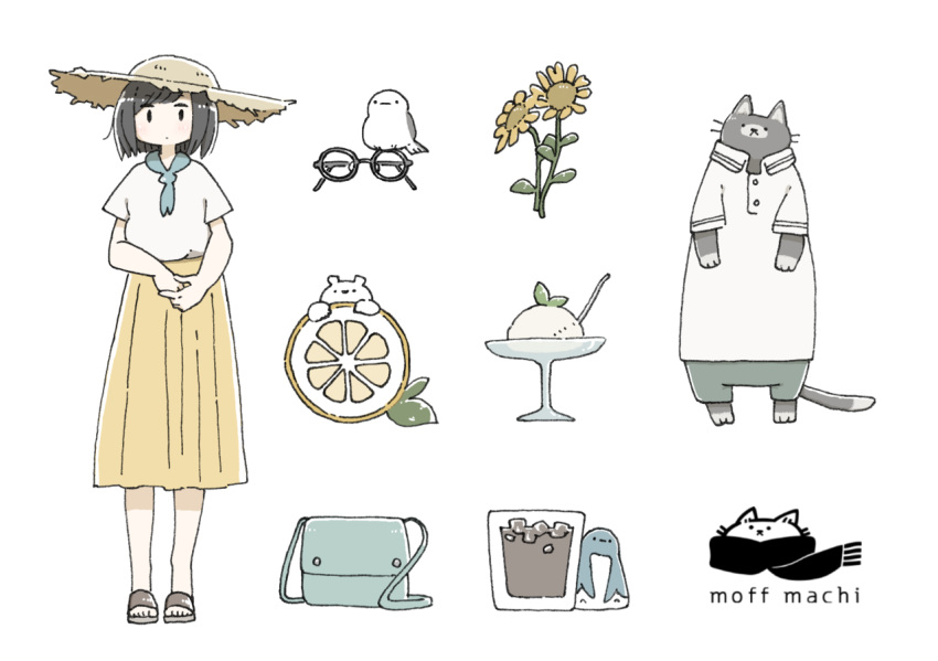 1girl animal bag bangs bird black_hair cat clothed_animal collared_shirt east_sha2 flower food fruit glasses grey_cat group_name hat ice_cream leaf looking_at_viewer no_nose original sandals shirt short_hair short_sleeves skirt standing white_background white_shirt yellow_flower yellow_skirt