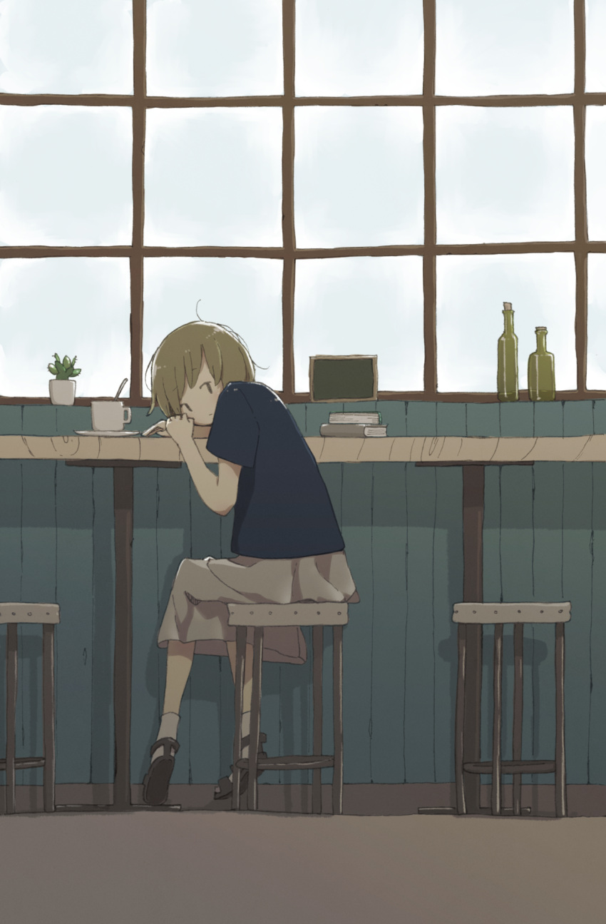 1girl androgynous bangs black_shirt book bottle brown_hair cactus cup east_sha2 eyebrows_visible_through_hair highres indoors no_nose original sandals shirt short_sleeves sitting skirt socks solo window