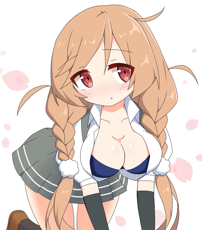 1girl :o all_fours arm_warmers bangs black_legwear blue_bra blush bra braid breasts brown_footwear brown_hair cleavage collared_shirt commentary_request dress_shirt eyebrows_visible_through_hair grey_skirt hair_between_eyes highres ichi kantai_collection kneehighs light_brown_hair long_hair low_twintails medium_breasts minegumo_(kantai_collection) parted_lips petals pleated_skirt puffy_short_sleeves puffy_sleeves red_eyes shirt short_sleeves simple_background skirt solo suspender_skirt suspenders twin_braids twintails underwear white_background white_shirt