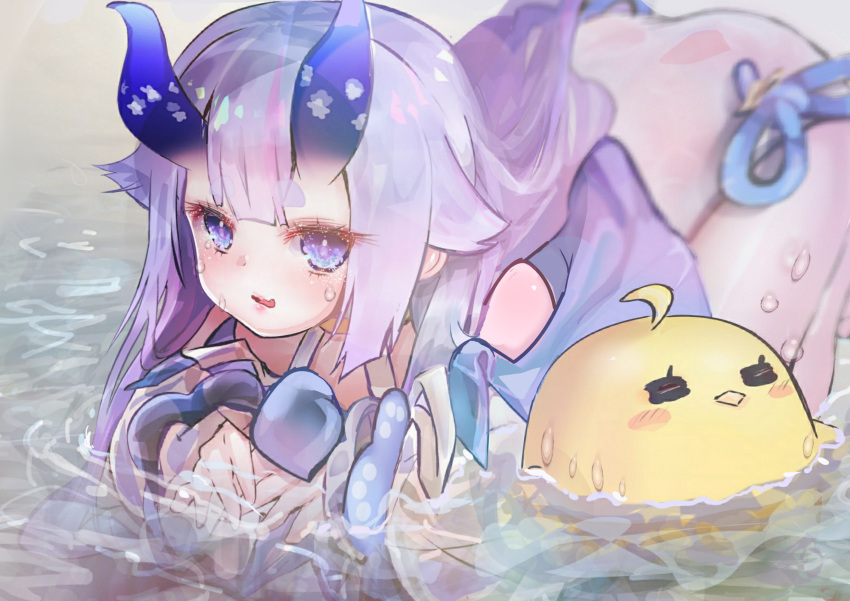 1girl =_= absurdres ahoge azur_lane bangs bird blue_eyes blue_hair blue_horns blunt_bangs blush_stickers floating hair_flaps hands_together highres horns i-13_(azur_lane) jacket long_hair looking_at_viewer one-piece_swimsuit oni_horns partially_submerged rasukii_(pamiton) see-through see-through_sleeves sidelocks solo swimsuit thick_eyebrows top-down_bottom-up water wavy_mouth wet white_jacket white_swimsuit