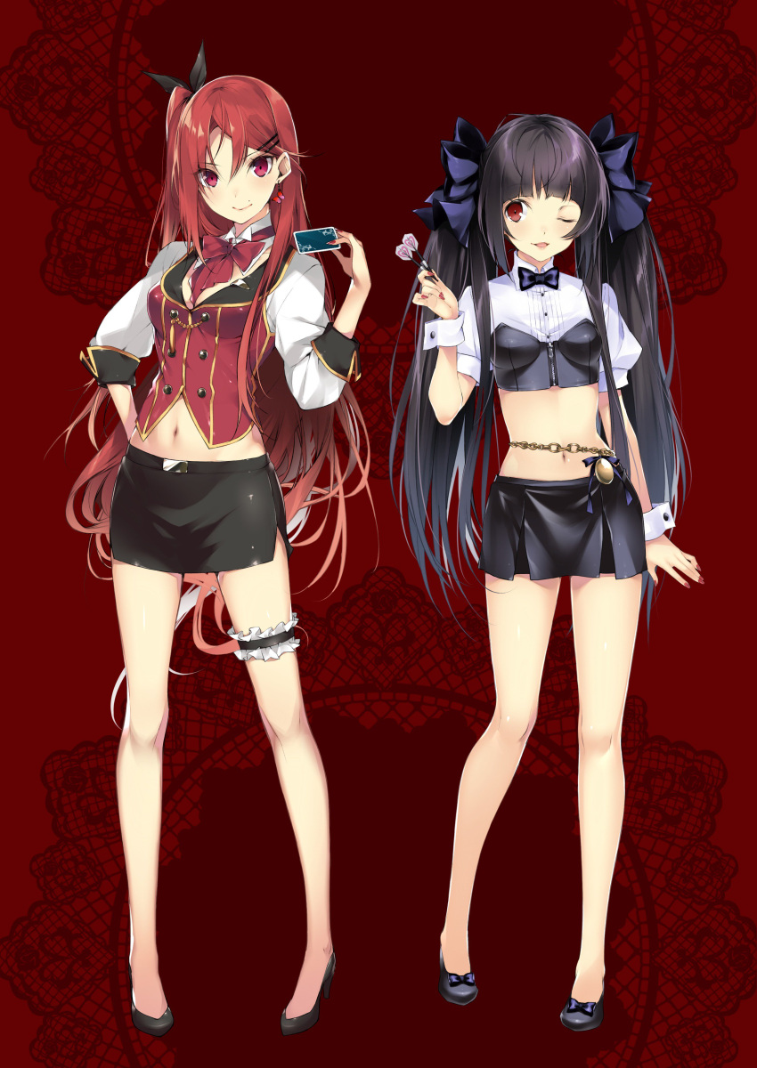 2girls absurdres bangs belly_chain black_bow black_footwear black_hair black_neckwear black_skirt blue_bow blunt_bangs bow card collared_shirt crop_top detached_collar floating_hair full_body hair_between_eyes hair_bow hair_ornament hairclip hand_on_hip hario_4 highres holding holding_card jewelry lavalliere long_hair long_sleeves looking_at_viewer midriff miniskirt multiple_girls nail_polish navel one_eye_closed original pencil_skirt pleated_skirt pumps red_background red_eyes red_nails red_neckwear redhead shirt shoe_bow shoes short_sleeves side_ponytail side_slit skirt standing stomach thigh_strap twintails very_long_hair white_shirt wrist_cuffs