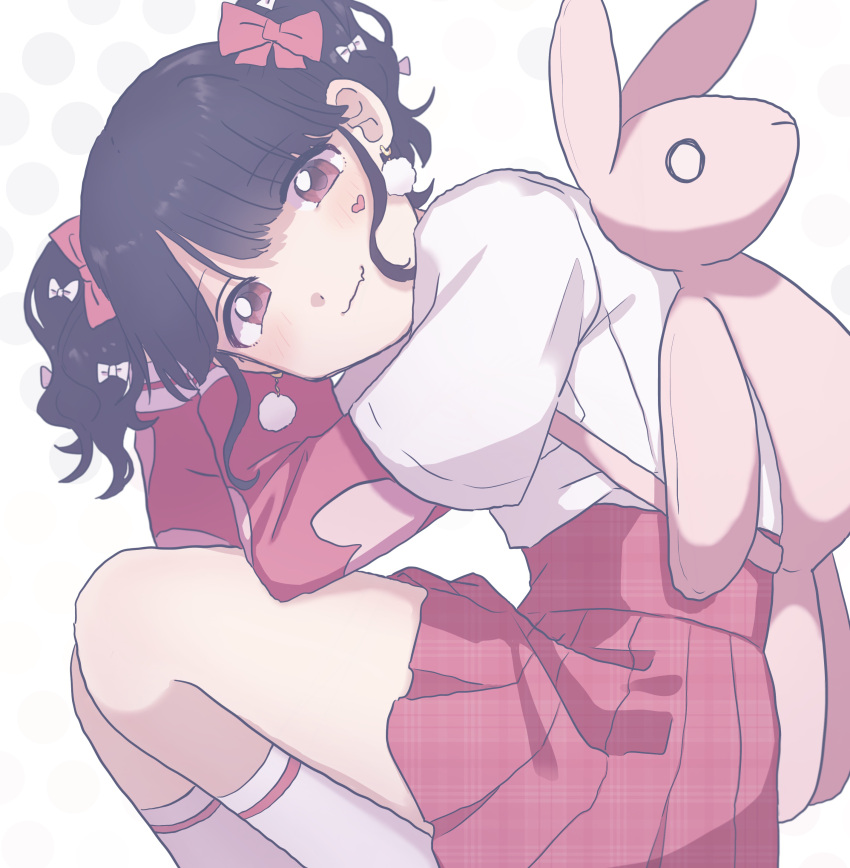1girl absurdres animal_bag artist_request backpack bag black_hair bunny_bag commentary_request facial_mark fang fukumaru_koito hair_ribbon highres idolmaster idolmaster_shiny_colors kneehighs long_sleeves looking_at_viewer miniskirt pink_skirt plaid plaid_skirt pleated_skirt ribbon short_twintails skin_fang skirt solo twintails violet_eyes white_background white_legwear