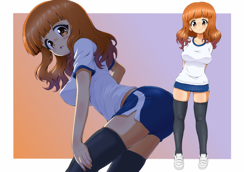 1girl :o absurdres adjusting_clothes adjusting_legwear arms_behind_back bangs black_legwear blue_shorts blunt_bangs blush breasts closed_mouth commentary_request daxz240r eyebrows_visible_through_hair girls_und_panzer gradient gradient_background gym_shorts highres leaning_forward leaning_to_the_side light_frown loafers long_hair looking_at_viewer medium_breasts multiple_views open_mouth orange_eyes orange_hair outside_border shirt shoes short_shorts short_sleeves shorts single_vertical_stripe skindentation smile standing t-shirt takebe_saori thigh-highs thighs white_footwear white_shirt