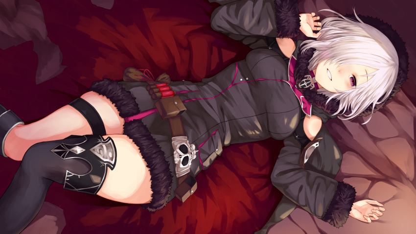 1girl bare_shoulders bed_sheet belt belt_pouch black_coat black_legwear blush coat feet_out_of_frame from_above fur-trimmed_coat fur-trimmed_sleeves fur_trim hair_over_one_eye half-closed_eye highres hood hood_up hooded_coat long_sleeves looking_at_viewer lying on_back on_bed parted_lips pouch shadowverse short_hair shoulder_cutout single_thighhigh solo test_tube thigh-highs thigh_strap violet_eyes white_hair wizardess_of_oz yamato_(muchuu_paradigm)