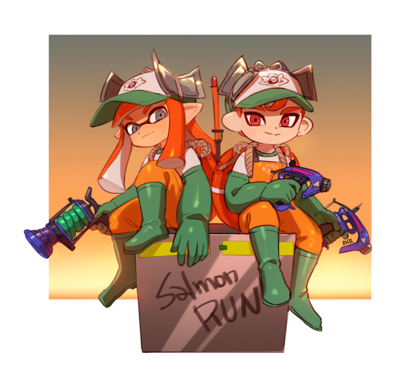 1boy 1girl artist_name baseball_cap boots closed_mouth dapple_dualies_(splatoon) domino_mask dual_wielding elbow_gloves full_body gloves green_footwear green_gloves grey_eyes hat highres holding inkling l-3_nozzlenose_(splatoon) lifebuoy long_hair mask octarian octoling ohil_(ohil822) orange_hair orange_overalls overalls pointy_ears red_eyes rubber_boots rubber_gloves salmon_run short_hair sitting smile splatoon splatoon_(series) splatoon_2 tentacle_hair