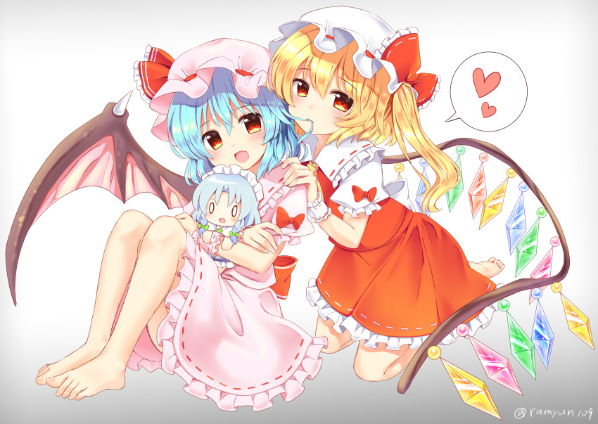 0_0 2girls absurdres artist_name ascot bangs barefoot bat_wings blonde_hair blue_hair blush bow braid character_doll commentary_request crystal doll dress eyebrows_visible_through_hair flandre_scarlet frilled_bow frilled_ribbon frilled_shirt_collar frills full_body gradient gradient_background green_bow grey_background hair_between_eyes hair_bow hair_in_mouth hand_on_another's_shoulder hat hat_bow hat_ribbon head_tilt heart highres holding holding_doll izayoi_sakuya kneeling knees_up long_hair looking_at_viewer maid maid_headdress miniskirt mob_cap mouth_hold multiple_girls one_side_up open_mouth petticoat pink_dress pink_headwear puffy_short_sleeves puffy_sleeves ramudia_(lamyun) red_bow red_eyes red_ribbon red_skirt red_vest remilia_scarlet ribbon ribbon-trimmed_collar ribbon-trimmed_dress ribbon_trim shirt short_hair short_sleeves siblings silver_hair sisters skirt skirt_set smile spoken_heart touhou twin_braids twitter_username vest white_headwear white_shirt wings wrist_cuffs yellow_neckwear