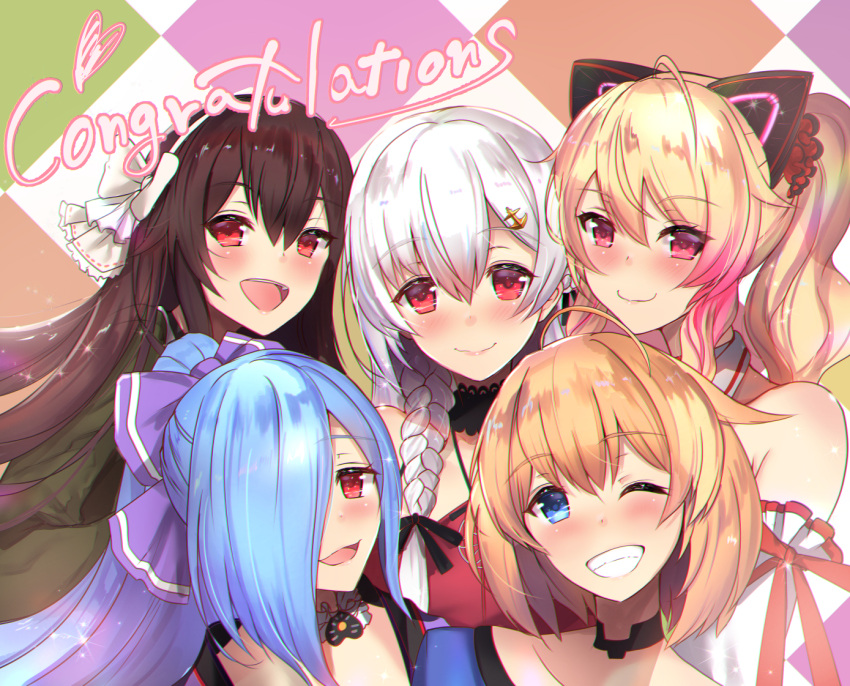 .live 5girls ahoge anchor_hair_ornament animal_ears argyle argyle_background bangs bare_shoulders black_choker blonde_hair blue_eyes blue_hair blush bow braid brown_hair cat_ears choker closed_mouth collarbone commentary congratulations eyebrows_visible_through_hair fake_animal_ears grin hair_between_eyes hair_bow hair_ornament hair_over_one_eye hairband high_ponytail long_hair long_sleeves looking_at_viewer multicolored_hair multiple_girls nekonoki_mochi one_eye_closed open_mouth pink_hair ponytail purple_bow red_eyes short_hair silver_hair smile streaked_hair untsue upper_body ushimaki_riko virtual_youtuber white_bow white_choker yaezawa_natori yamato_iori yozakura_tama