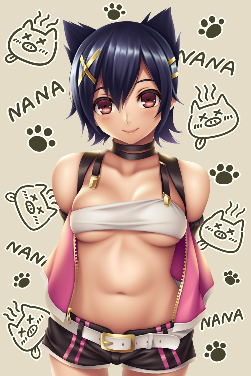 1girl animal_ears arms_behind_back bandeau bare_shoulders belt belt_buckle black_choker black_shorts blue_hair breasts buckle character_name choker closed_mouth collarbone comic cowboy_shot god_eater god_eater_2:_rage_burst grey_background hair_ornament hairclip highres kouzuki_nana looking_at_viewer navel open_clothes open_vest paw_background pig pink_vest short_hair short_shorts shorts skindentation small_breasts smile solo stomach tareme under_boob unzipped vest violet_eyes watanuki_kaname x_hair_ornament x_x