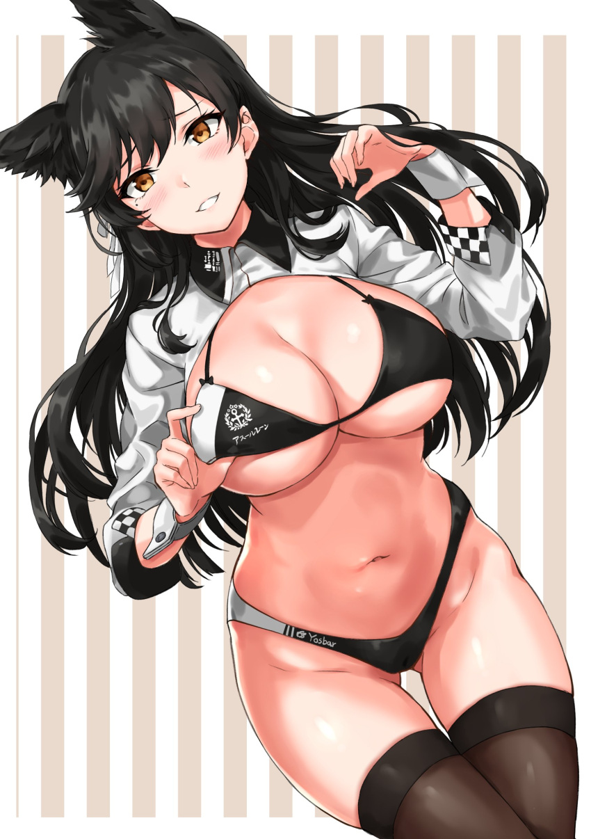 1girl absurdres alternate_costume animal_ears arm_support arms_at_sides ass_visible_through_thighs atago_(azur_lane) azur_lane bangs bikini bikini_tug black_bikini black_hair black_legwear blush breasts brown_eyes clothes_writing commentary_request cowboy_shot curvy dutch_angle extra_ears eyebrows_visible_through_hair groin hair_ribbon hand_up highres jacket large_breasts long_hair looking_at_viewer mole mole_under_eye navel open_clothes open_mouth parted_lips racequeen ribbon shrug_(clothing) sirurabbit skindentation smile solo standing stomach swept_bangs swimsuit thigh-highs white_background white_ribbon wrist_cuffs