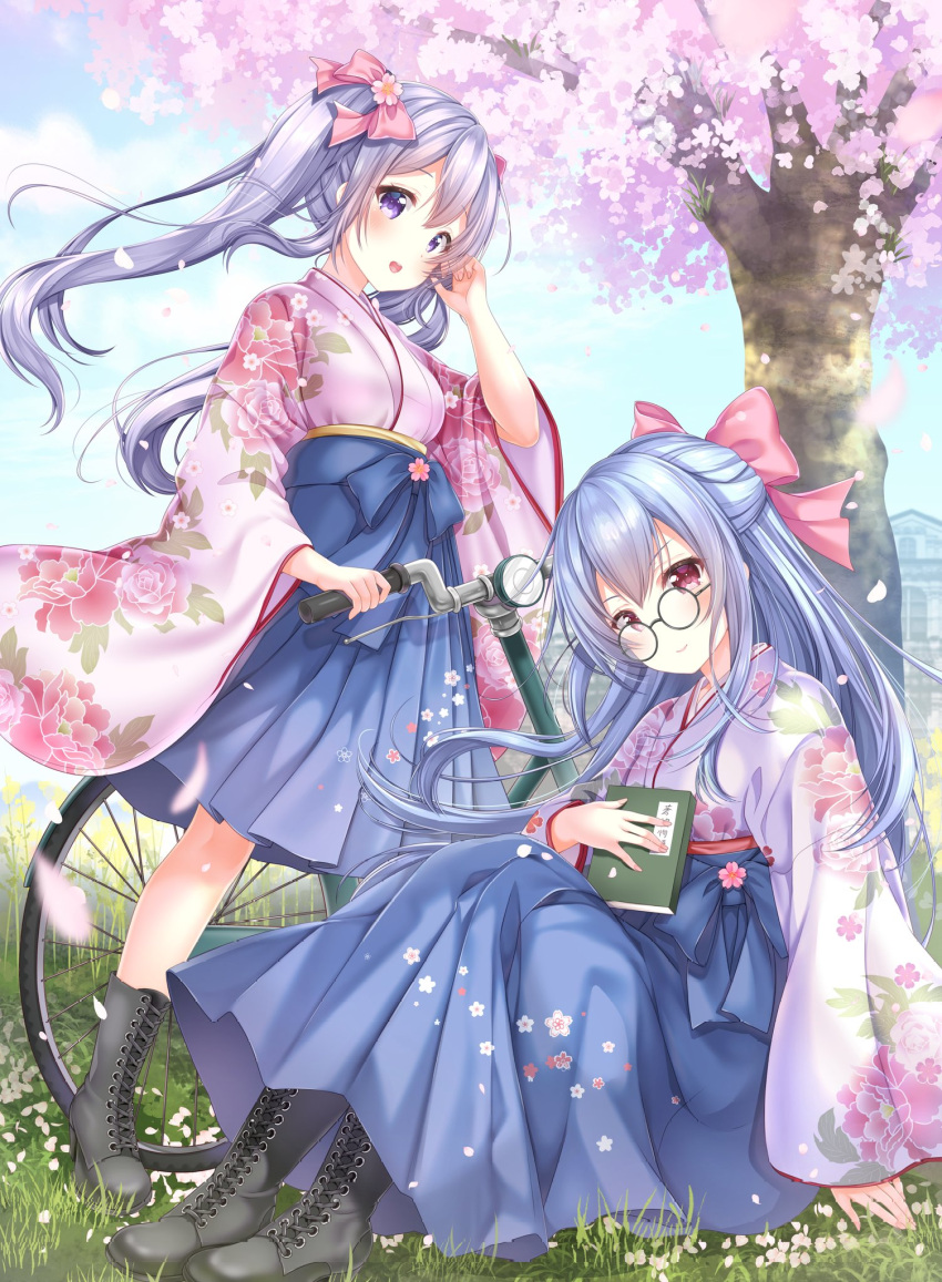 2girls :d aoba_chise aoba_project aoba_rena bicycle black_footwear blue_hair blue_hakama blue_sky blush book boots bow cherry_blossoms commentary_request cross-laced_footwear day floral_print flower full_body glasses grass ground_vehicle hair_bow hair_flower hair_ornament hakama hakama_skirt half_updo hand_in_hair highres holding holding_book japanese_clothes kimono knees_up lace-up_boots long_hair long_sleeves looking_at_viewer meiji_schoolgirl_uniform multiple_girls on_grass open_mouth outdoors petals pink_bow pink_kimono red_eyes round_eyewear sakura_moyon siblings silver_hair sisters sitting sky smile spring_(season) standing tree twintails violet_eyes wide_sleeves wind