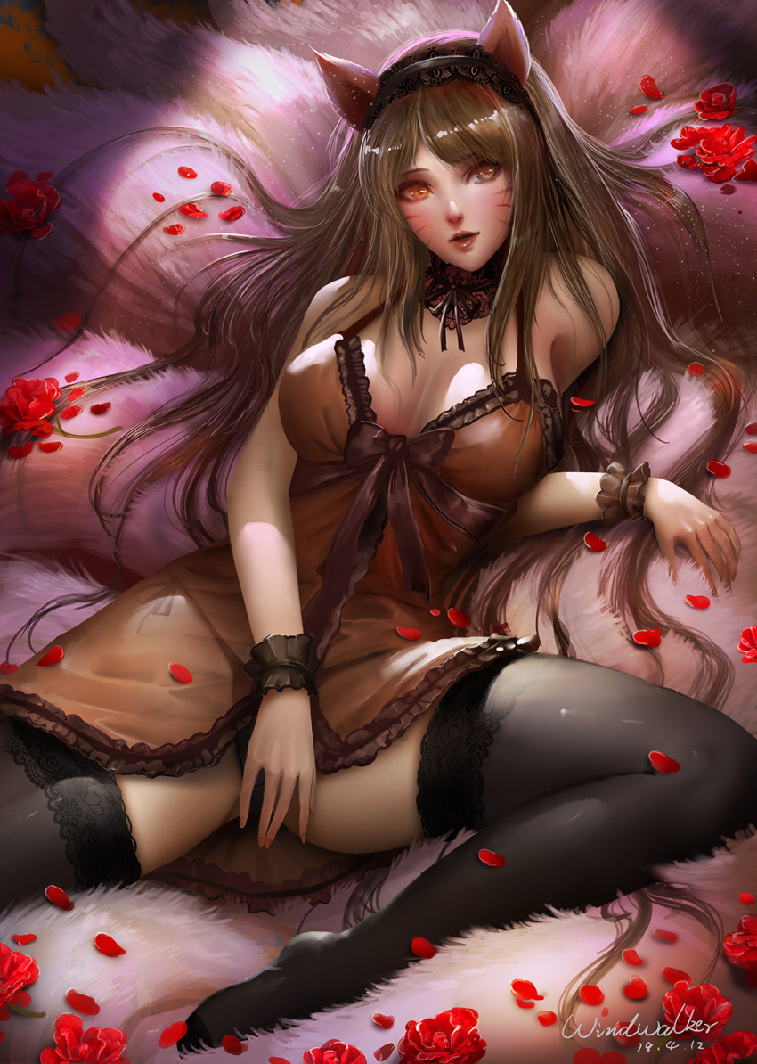 1girl ahri animal_ears babydoll bare_shoulders black_legwear black_panties blush breasts brown_babydoll brown_hair choker cleavage dated facial_mark flower fox_ears fox_tail highres kaze_no_gyouja lace lace-trimmed_legwear large_breasts league_of_legends long_hair looking_at_viewer multiple_tails open_mouth panties petals reclining red_flower see-through signature solo tail thigh-highs underwear whisker_markings yellow_eyes