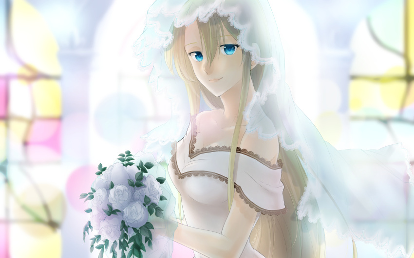 1girl backlighting blonde_hair blue_eyes bouquet breasts bridal_veil cleavage collarbone densetsu_no_yuusha_no_densetsu dress eyebrows_visible_through_hair ferris_eris flower from_side hair_between_eyes highres holding holding_bouquet long_hair looking_at_viewer medium_breasts sleeveless sleeveless_dress solo upper_body veil very_long_hair wedding_dress white_dress zaramekypp