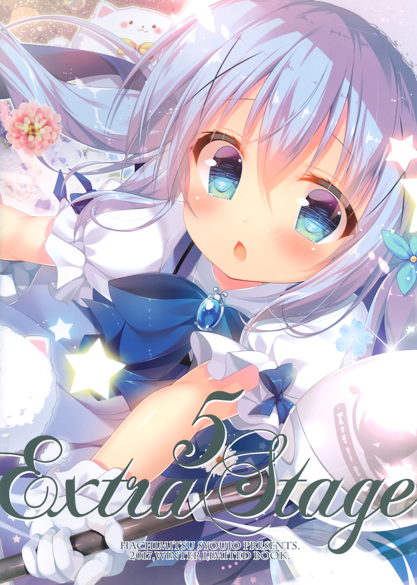 1girl :o absurdres angora_rabbit animal animal_on_head bangs blue_bow blue_dress blue_eyes blue_hair blue_neckwear blush bow bowtie bunny_on_head chestnut_mouth cover cover_page doujin_cover dress eyebrows_visible_through_hair frilled_sleeves frills gloves gochuumon_wa_usagi_desu_ka? hair_ornament highres holding holding_spoon kafuu_chino long_hair looking_at_viewer magical_girl mitsumomo_mamu on_head oversized_object parted_lips pinafore_dress puffy_short_sleeves puffy_sleeves rabbit red_neckwear scan short_sleeves spoon star tippy_(gochiusa) white_gloves x_hair_ornament