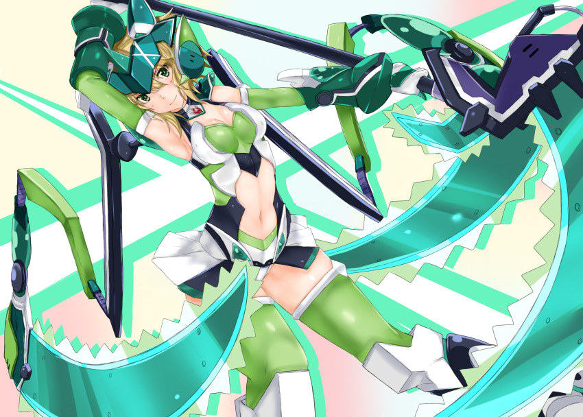 1girl absurdres akatsuki_kirika alternate_costume armor blonde_hair blush breasts closed_mouth commentary_request elbow_gloves gloves green_eyes green_gloves green_legwear headgear highres holding holding_weapon leotard looking_at_viewer medium_breasts navel navel_cutout scythe senki_zesshou_symphogear shiny shiny_hair shiny_skin shishin_(shishintei) short_hair smile solo standing striped striped_legwear thigh-highs weapon