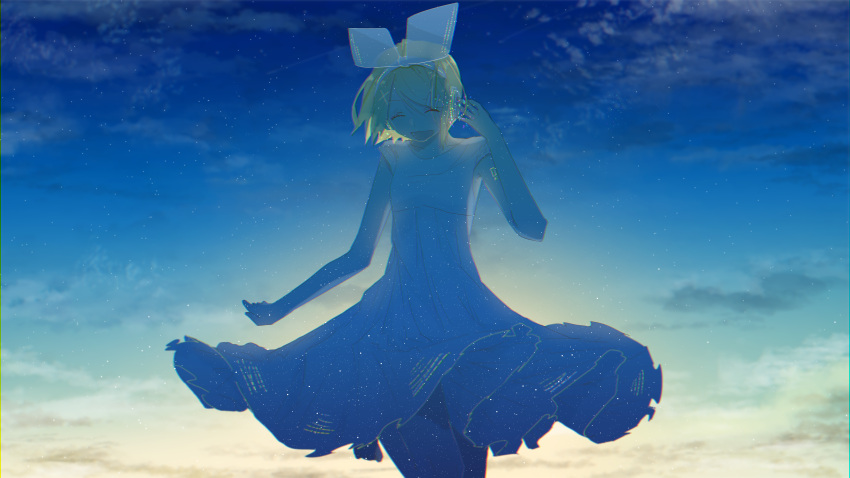 1girl absurdres backlighting blonde_hair bow closed_eyes clouds cloudy_sky dress frilled_dress frills hair_bow hair_ornament hairclip hand_on_headphones headphones highres kagamine_rin re_eva scenery see-through shadow short_hair sky smile solo star star_(sky) starry_sky sunrise symbol_commentary vocaloid