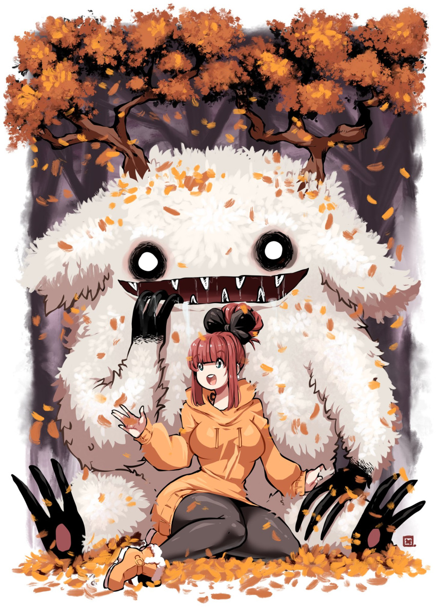 1girl 1other ankle_boots autumn autumn_leaves black_bow black_legwear blue_eyes boots bow breasts brown_hair commentary curvy dress english_commentary full_body hair_bow hair_bun highres hood hood_down hoodie kenron_toqueen large_breasts monster no_pupils open_mouth original pantyhose sharp_teeth sidelocks smile sweater sweater_dress teeth tomatita