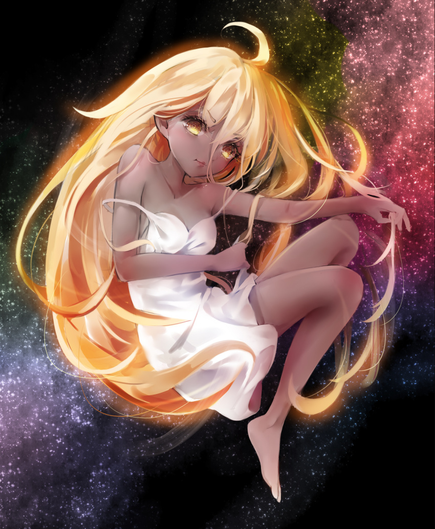 1girl absurdres ahoge arm_on_knee arm_rest aura bare_arms bare_legs bare_shoulders barefoot black_hole blonde_hair breasts collarbone commentary_request dark_skin dress eyebrows_visible_through_hair floating folded_leg galaxy ganguro head_tilt highres holding holding_hair lao_bai lips long_hair m87_black_hole original personification small_breasts solo space star star-shaped_pupils strap_slip sundress symbol-shaped_pupils thick_eyebrows very_long_hair white_dress yellow_eyes