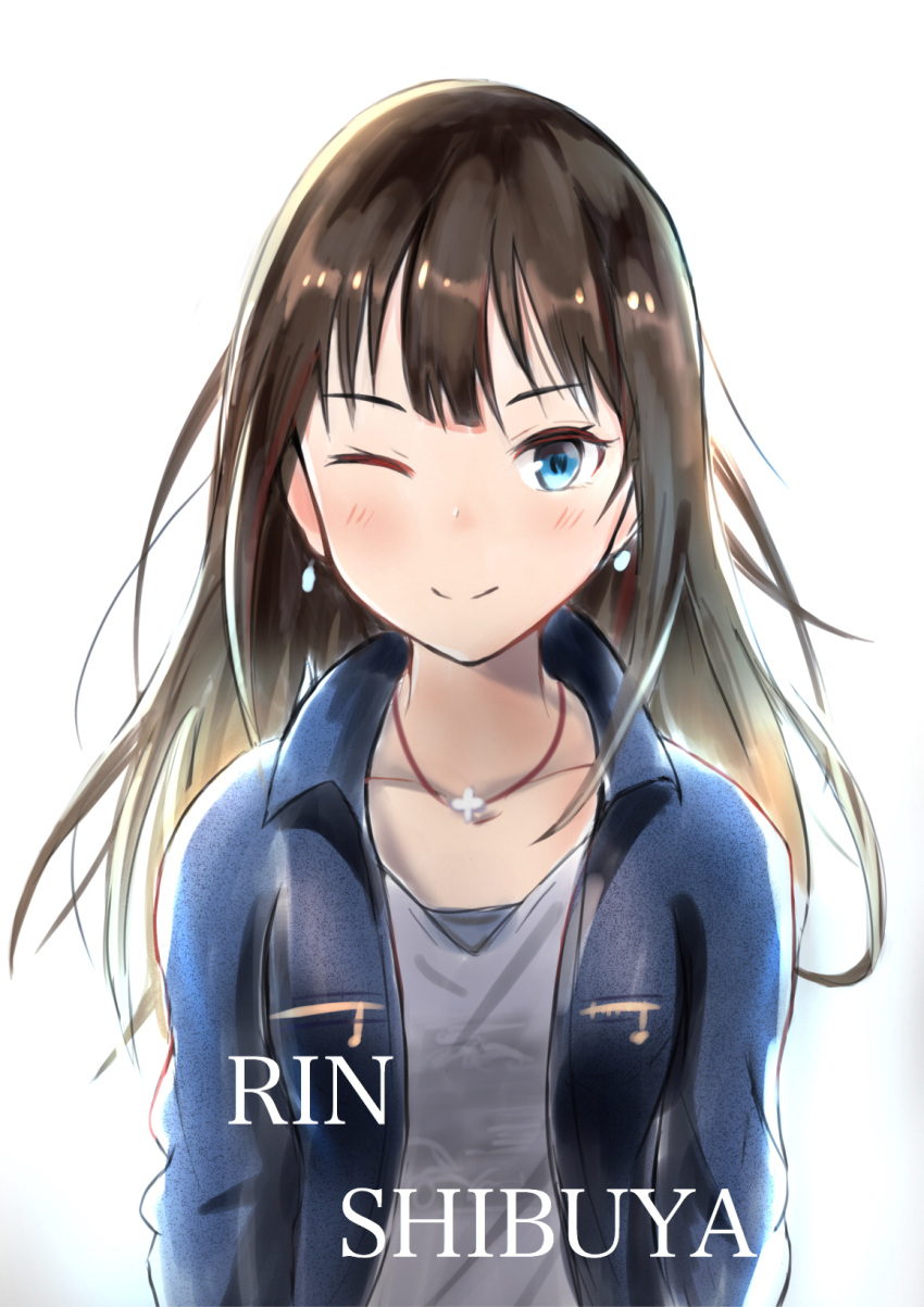 1girl ;) blue_eyes blue_jacket blush brown_hair character_name collarbone earrings floating_hair grey_shirt highres idolmaster idolmaster_cinderella_girls jacket jewelry long_hair long_sleeves looking_at_viewer necklace one_eye_closed open_clothes open_jacket shibuya_rin shiny shiny_hair shirt simple_background smile so_korokoro solo upper_body white_background