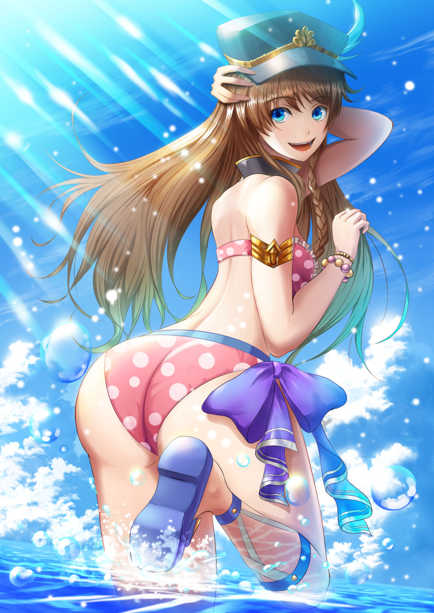 1girl absurdres armband ass bikini blue_bow blue_eyes blue_ribbon blue_sky bow bracelet braid breasts brown_hair droplet frilled_bikini_top from_below fujifuji924 granblue_fantasy green_hair hand_in_hair highres jewelry lecia_(granblue_fantasy) light_rays long_hair looking_at_viewer looking_back medium_breasts multicolored_hair open_mouth polka_dot polka_dot_bikini ribbon side_braid single_braid sky smile solo standing standing_on_one_leg swimsuit wading water