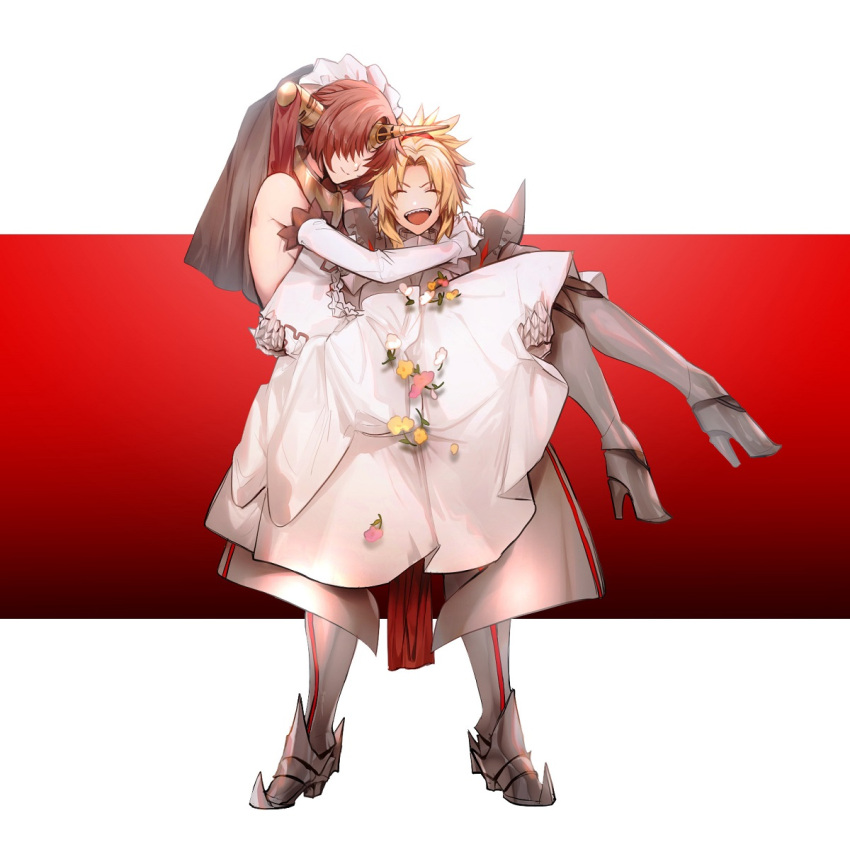 2girls armor blonde_hair carrying closed_eyes detached_sleeves dress fate/apocrypha fate_(series) flower frankenstein's_monster_(fate) gauntlets gloves greaves high_heels highres horn laughing mordred_(fate)_(all) multiple_girls no-kan princess_carry wedding_dress