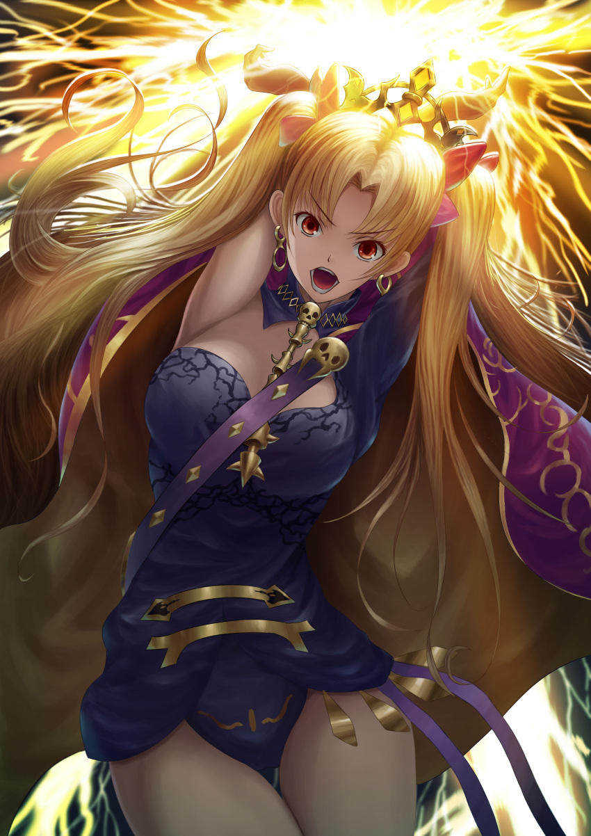 1girl absurdres arms_up blonde_hair breasts cleavage earrings energy ereshkigal_(fate/grand_order) fate/grand_order fate_(series) fujifuji924 hair_ribbon highres jewelry large_breasts long_hair open_mouth pantyhose red_eyes red_ribbon ribbon skull twintails