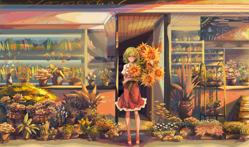 1girl absurdres alternate_costume blurry book bookshelf chalkboard chinese_commentary commentary_request day depth_of_field flower green_hair highres holding holding_flower kazami_yuuka ladder light_smile long_skirt looking_at_viewer outdoors plant planter potted_plant puffy_short_sleeves puffy_sleeves red_eyes red_footwear red_skirt shirt short_hair short_sleeves sign signature skirt solo standing storefront sunflower touhou white_shirt wide_shot worini
