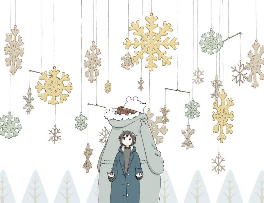 1girl animal bangs black_eyes black_hair blush clothed_animal east_sha2 expressionless hood hood_down hooded_jacket jacket long_sleeves mobile no_nose original plaid short_hair snowflakes tree winter_clothes