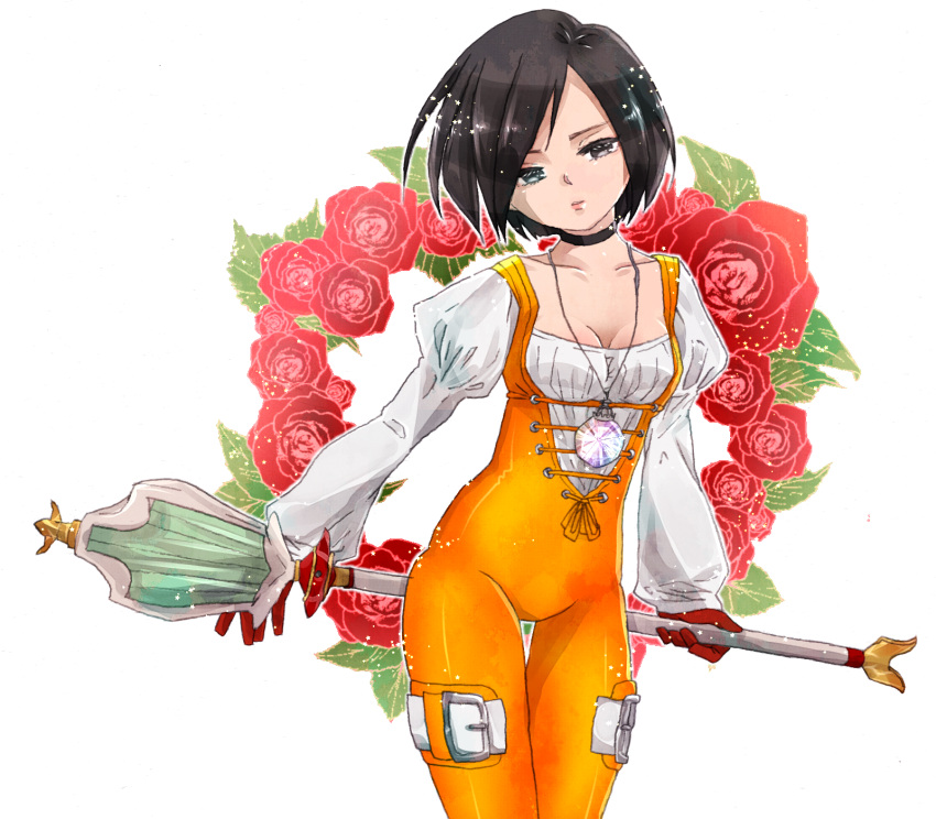 1girl bodysuit breasts choker cleavage commentary_request final_fantasy final_fantasy_ix flower garnet_til_alexandros_xvii gloves graphite_(medium) grey_eyes groin highres jewelry lips looking_at_viewer necklace orange_bodysuit short_hair solo staff traditional_media weapon