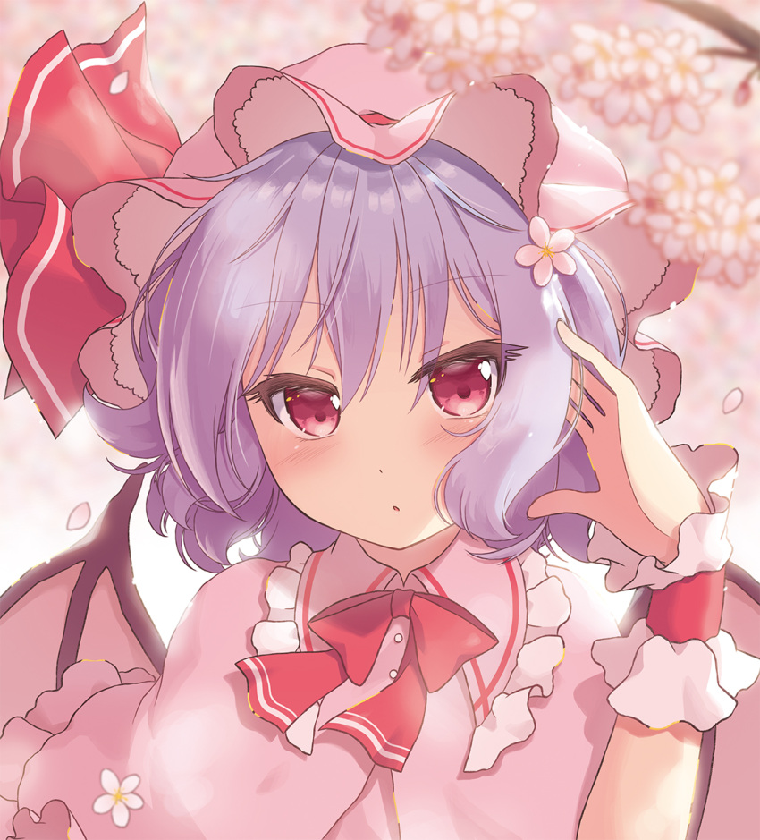 1girl bangs bat_wings beni_kurage blue_hair blush bow bowtie cherry_blossoms commentary_request dress eyebrows_visible_through_hair flower frilled_shirt_collar frills hair_between_eyes hair_flower hair_ornament hand_in_hair hand_up hat hat_ribbon highres looking_at_viewer mob_cap petals pink_background pink_capelet pink_dress pink_flower pink_headwear red_bow red_eyes red_neckwear red_ribbon remilia_scarlet ribbon short_hair solo touhou upper_body wings wrist_cuffs