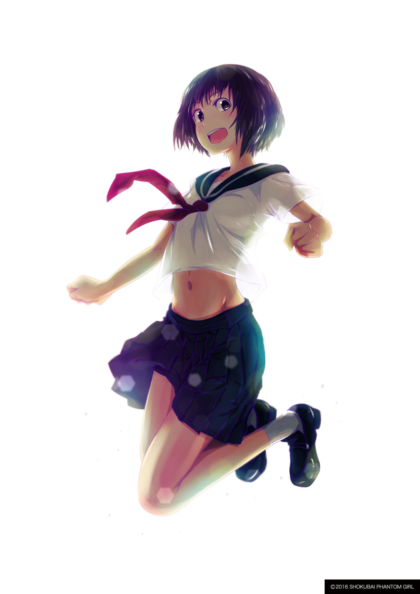 1girl :d black_footwear blue_skirt bob_cut breasts brown_eyes brown_hair commentary from_below full_body highres jumping looking_at_viewer midriff navel neckerchief open_mouth original red_neckwear school_uniform see-through_silhouette serafuku shoes shokubai_phantom_girl short_hair simple_background skirt small_breasts smile socks solo white_background white_legwear