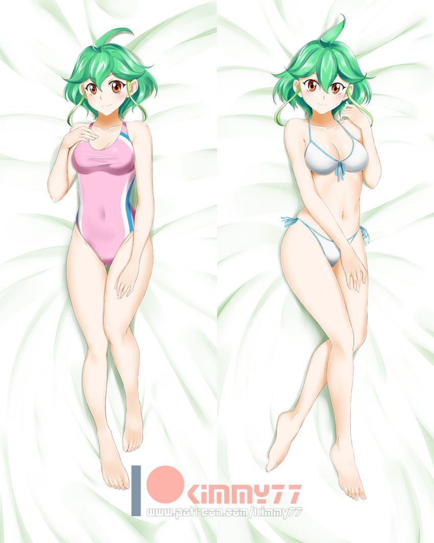 1girl alfred_cullado barefoot bed_sheet bikini breasts brown_eyes cleavage collarbone competition_swimsuit covered_navel dakimakura eyebrows_visible_through_hair from_above front-tie_bikini front-tie_top full_body green_hair hair_between_eyes highres looking_at_viewer lying medium_breasts multiple_views navel on_back one-piece_swimsuit orange_eyes patreon_logo pink_swimsuit rin_(yuu-gi-ou_arc-v) shiny shiny_hair shiny_skin short_hair side-tie_bikini smile solo swimsuit watermark white_bikini yu-gi-oh! yuu-gi-ou yuu-gi-ou_arc-v