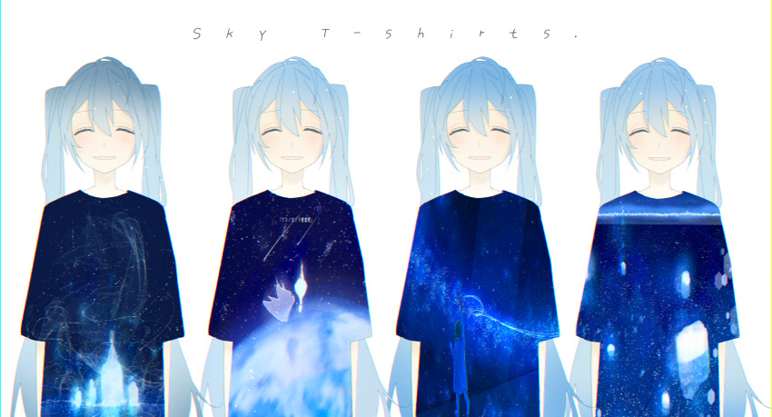 absurdres artist_self-reference blue_hair closed_eyes commentary hatsune_miku highres light_blush long_hair night night_sky re_eva shirt shooting_star sky smile star_(sky) starry_sky t-shirt twintails upper_body variations very_long_hair vocaloid white_background