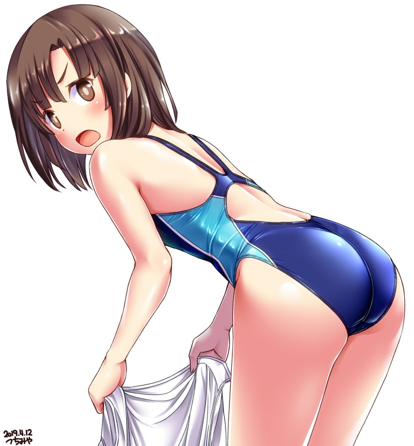 1girl ass bangs bare_shoulders bent_over blue_swimsuit blush brown_eyes brown_hair commentary_request competition_swimsuit cowboy_shot eyebrows_visible_through_hair from_side hair_between_eyes highleg highleg_swimsuit highres holding kitanaga looking_at_viewer one-piece_swimsuit open_mouth shirt short_hair simple_background skindentation solo standing swimsuit thighs tsuchimiya ueno-san_wa_bukiyou white_background white_shirt