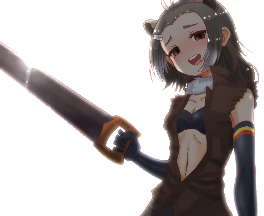 1girl american_beaver_(kemono_friends) animal_ears antenna_hair bangs black_bra black_gloves black_hair black_shorts bloom blush bra breasts brown_eyes brown_jacket check_commentary cleavage collarbone commentary_request elbow_gloves empty_eyes fur_collar gloves gradient_hair grey_hair hair_ornament hairclip holding jacket kagami_chousaku kemono_friends lens_flare long_hair looking_at_viewer multicolored_hair navel open_mouth round_teeth saw shorts sleeveless_jacket smile solo striped striped_gloves teeth torn_jacket unbuttoned underwear white_background yandere