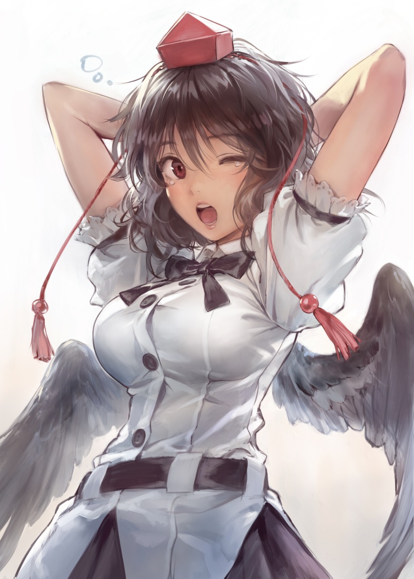 1girl ;o arms_behind_head arms_up bangs belt black_belt black_bow black_hair black_neckwear black_skirt black_wings blush bow bowtie breasts commentary cowboy_shot eyebrows_visible_through_hair feathered_wings hair_between_eyes hat highres large_breasts looking_at_viewer matsuda_(matsukichi) one_eye_closed open_mouth pleated_skirt red_eyes shameimaru_aya shirt short_hair simple_background skirt solo tassel tears tokin_hat touhou white_background white_shirt wings