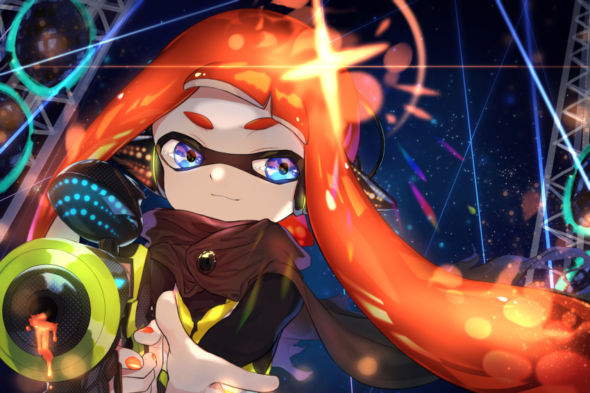 1girl amatcha bangs black_cape black_shirt blue_eyes blunt_bangs blurry blurry_background cape closed_mouth commentary diffraction_spikes domino_mask foreshortening headgear hero_shot_(splatoon) highres holding inkling lens_flare long_hair long_sleeves looking_at_viewer mask nail_polish night night_sky orange_hair orange_nails reaching_out reflective_eyes shirt sky smile solo splatoon splatoon_(series) splatoon_2 splatoon_2:_octo_expansion squidbeak_splatoon star_(sky) starry_sky tentacle_hair vest yellow_vest