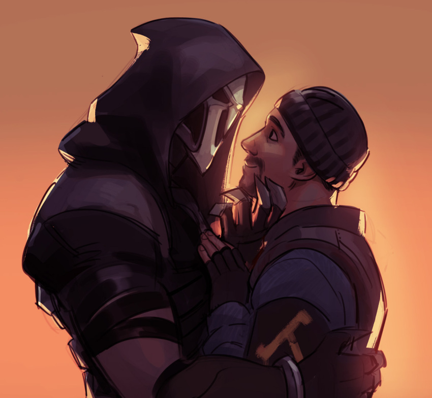 2boys armband backlighting beanie chin_grab claws commentary crossover english_commentary facial_hair fingerless_gloves gloves goatee gordon_frohman half-life half-life_2 hat height_difference hood looking_at_another maren_marmulla multiple_boys nose orange_background overwatch reaper_(overwatch) skull_mask yaoi