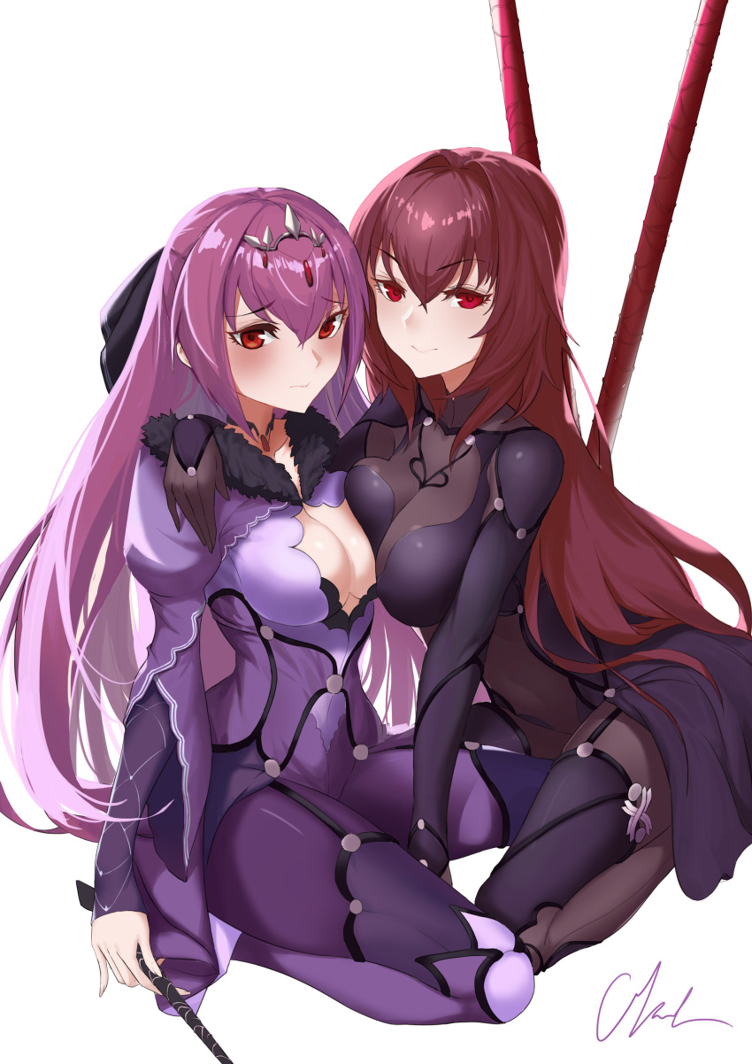 2girls absurdres blush bodysuit breast_press breasts cleavage_cutout covered_navel eyebrows_visible_through_hair fate/grand_order fate_(series) fur_trim gae_bolg hair_intakes hand_on_another's_shoulder highres kneeling large_breasts leotard long_hair looking_at_viewer multiple_girls pauldrons polearm purple_bodysuit purple_hair purple_leotard red_eyes scathach_(fate)_(all) scathach_(fate/grand_order) scathach_skadi_(fate/grand_order) shinkuwauri shoulder_armor signature skin_tight smile spear symmetrical_docking tiara veil wand weapon white_background
