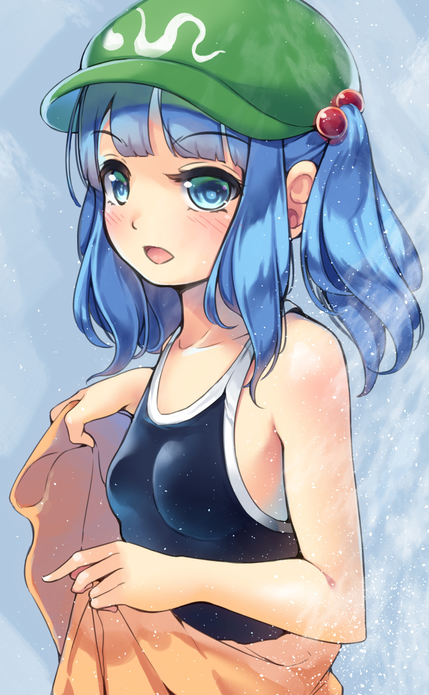 1girl absurdres bangs bare_arms bare_shoulders blue_background blue_eyes blue_hair blue_swimsuit blunt_bangs blush breasts cabbie_hat collarbone commentary eyebrows_visible_through_hair green_headwear hair_bobbles hair_ornament hat highres kawashiro_nitori looking_at_viewer maremay0513 one-piece_swimsuit open_mouth short_hair sidelocks small_breasts solo swimsuit touhou twintails upper_body